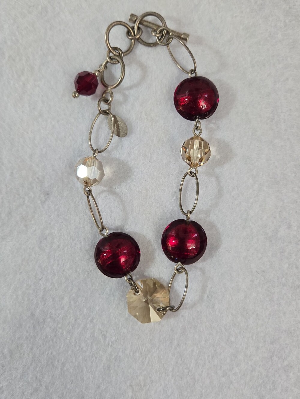 LUCKY CLOVER Sterling Silver 925 Artisan Red Lampwork Glass Link Bracelet